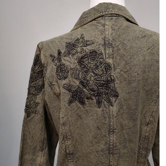 Coldwater Creek Olive Green Embroidered Denim Two Button Jacket Size 10 Pockets - Picture 3 of 10
